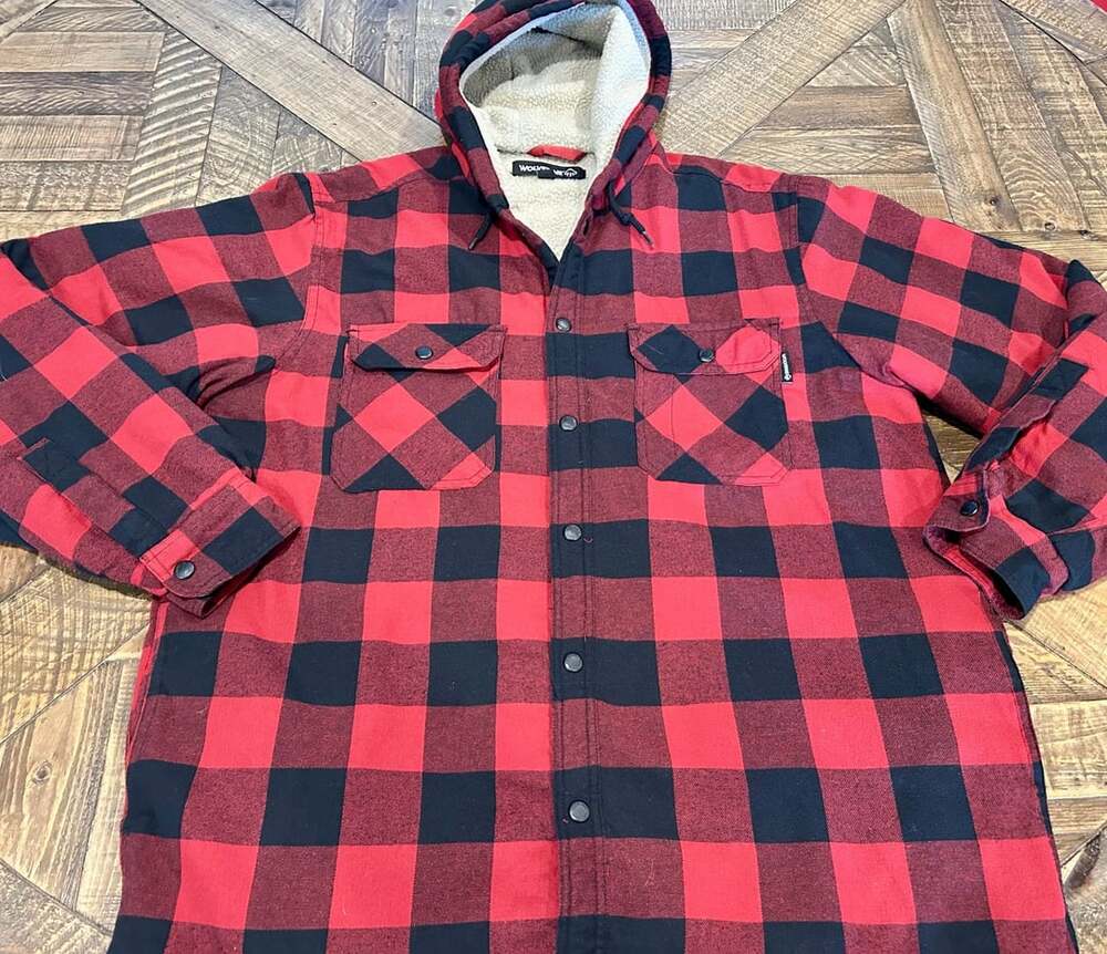 Wolverine Sherpa Lined Flannel Hoodie Size L Red Buffalo Plaid